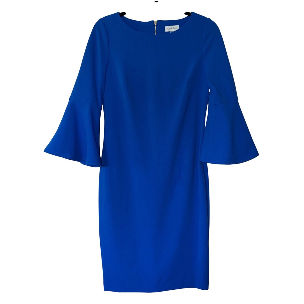 Calvin Klein Bell Sleeve Sheath Dress Cobalt Blue Size 8
